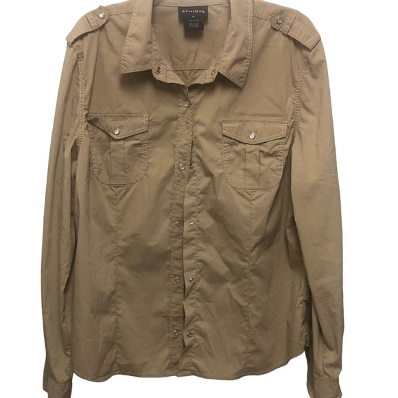 Athleta Gorpcore Outdoor Tan Pearl Snap Buttons Pockets Fitted Women’s Plus 1X - Picture 1 of 11